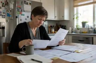 Entrepreneur middle-aged woman reviewing documents with handwritten notes at kitchen table, immersed in thoughtful work, sunlit natural atmosphere.