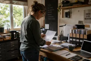 Entrepreneur in a home workshop reviewing paperwork in a naturally lit, authentic workspace