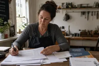 Female entrepreneur in a workshop, absorbed in reviewing social protection documents, natural light highlighting work materials, authentic and focused atmosphere.