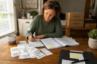 Entrepreneur woman analyzing tax documents with receipts at a wooden table in a real home setting, displaying natural concentration in soft morning light.