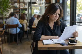 Entrepreneur woman reviewing documents and notes at a café table, focused, with a phone and coffee, in a naturally lit, authentic setting.