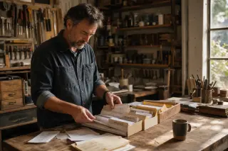 Craftsman entrepreneur in a bright workshop organizing paper invoices into folders on a busy wooden workbench, captured candidly amid natural light and authentic surroundings.