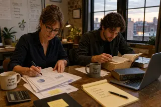 Two freelancers, a woman and a man, intently reviewing documents and notes around a work table at dusk in a collaborative workspace, immersed in comparing professional options.
