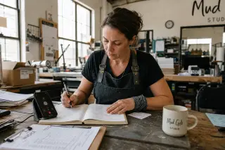 Female artisan in a shared workshop reviews financial documents at her workbench, focused during a phone meeting amid authentic tools and paperwork.