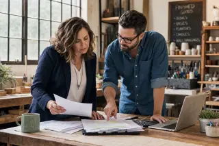 Two entrepreneurs in a creative workshop intensely reviewing tax documents together under soft daylight, surrounded by tools and shelves of crafted products.